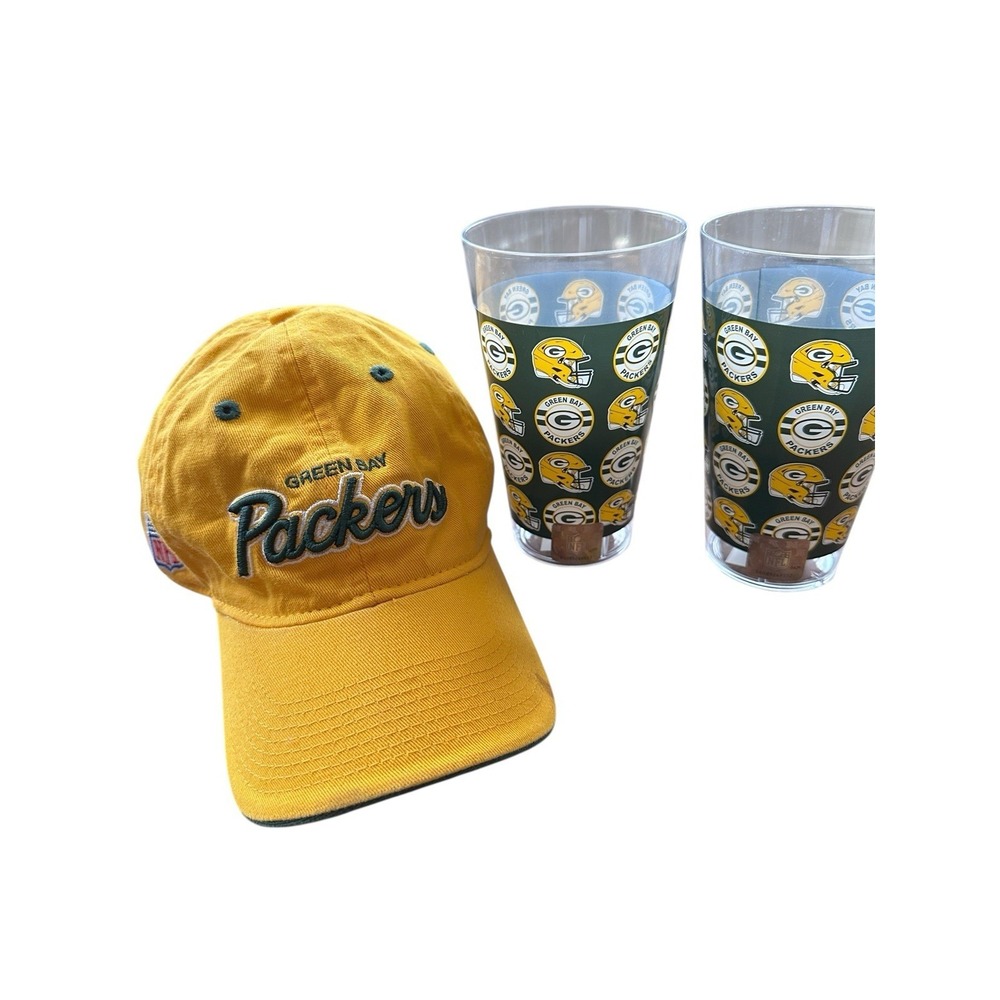 Reebok Green Bay Packers Hat and 2 Tumbler Set Gold OSFA Excellent NFL Fan Gear